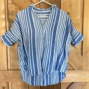 Madewell Blue and White Striped Linen Blend Popover, Summer, Coastal